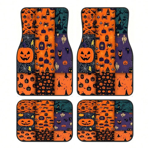 Suitable For All Models, 4-Piece Halloween Pumpkin Car Floor Mats, All-Season Vehicle Floor Mats With Non-Slip Base, Front And Rear Seat Mats, Easy-To-Clean Car Interior Accessories.