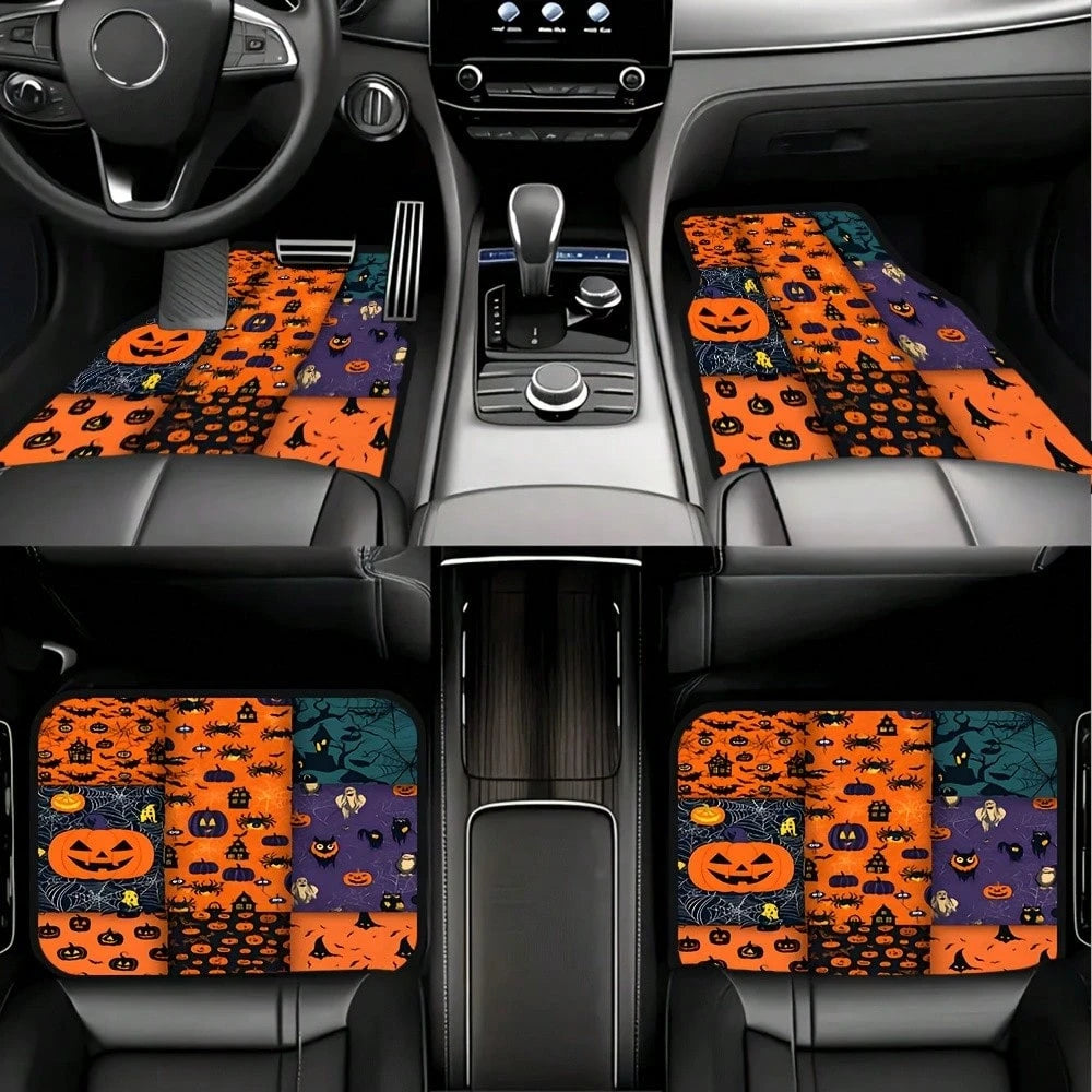 Suitable For All Models, 4-Piece Halloween Pumpkin Car Floor Mats, All-Season Vehicle Floor Mats With Non-Slip Base, Front And Rear Seat Mats, Easy-To-Clean Car Interior Accessories.