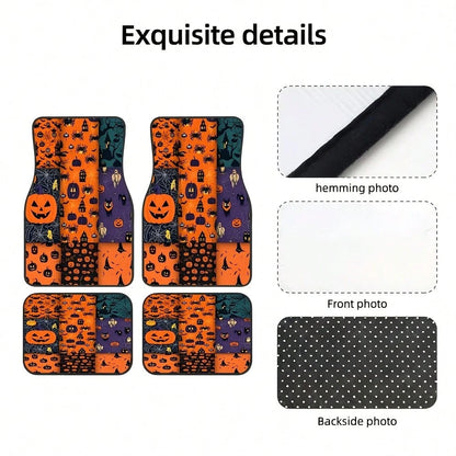 Suitable For All Models, 4-Piece Halloween Pumpkin Car Floor Mats, All-Season Vehicle Floor Mats With Non-Slip Base, Front And Rear Seat Mats, Easy-To-Clean Car Interior Accessories.