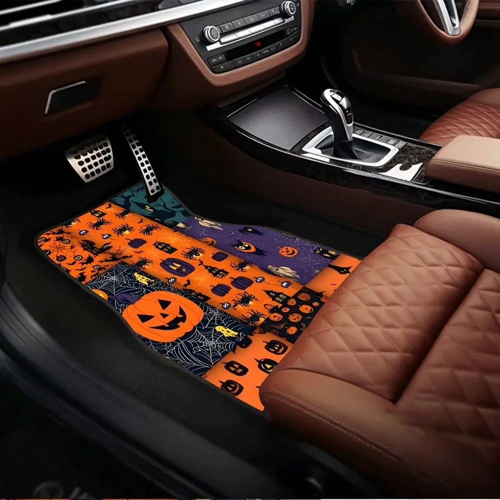 Suitable For All Models, 4-Piece Halloween Pumpkin Car Floor Mats, All-Season Vehicle Floor Mats With Non-Slip Base, Front And Rear Seat Mats, Easy-To-Clean Car Interior Accessories.