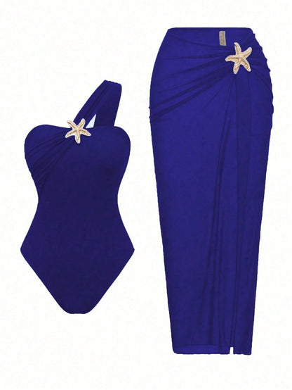 Sultry Sol Fashionable High-End Beach Resort Summer Sexy Black One-Piece Star Accent Skirt Swimwear Set Vacation