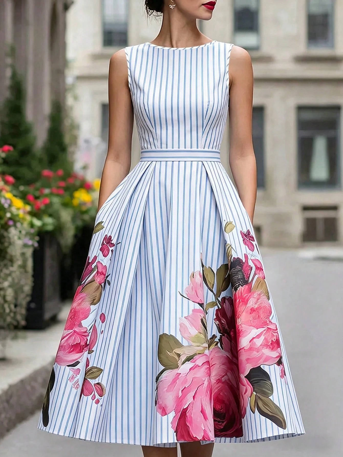 Summer, Elegant Dress, Printed Round Neck Sleeveless Dress, Blue And White Striped Dress, Waist-Cinching Business Casual Dress, Vacation Dress