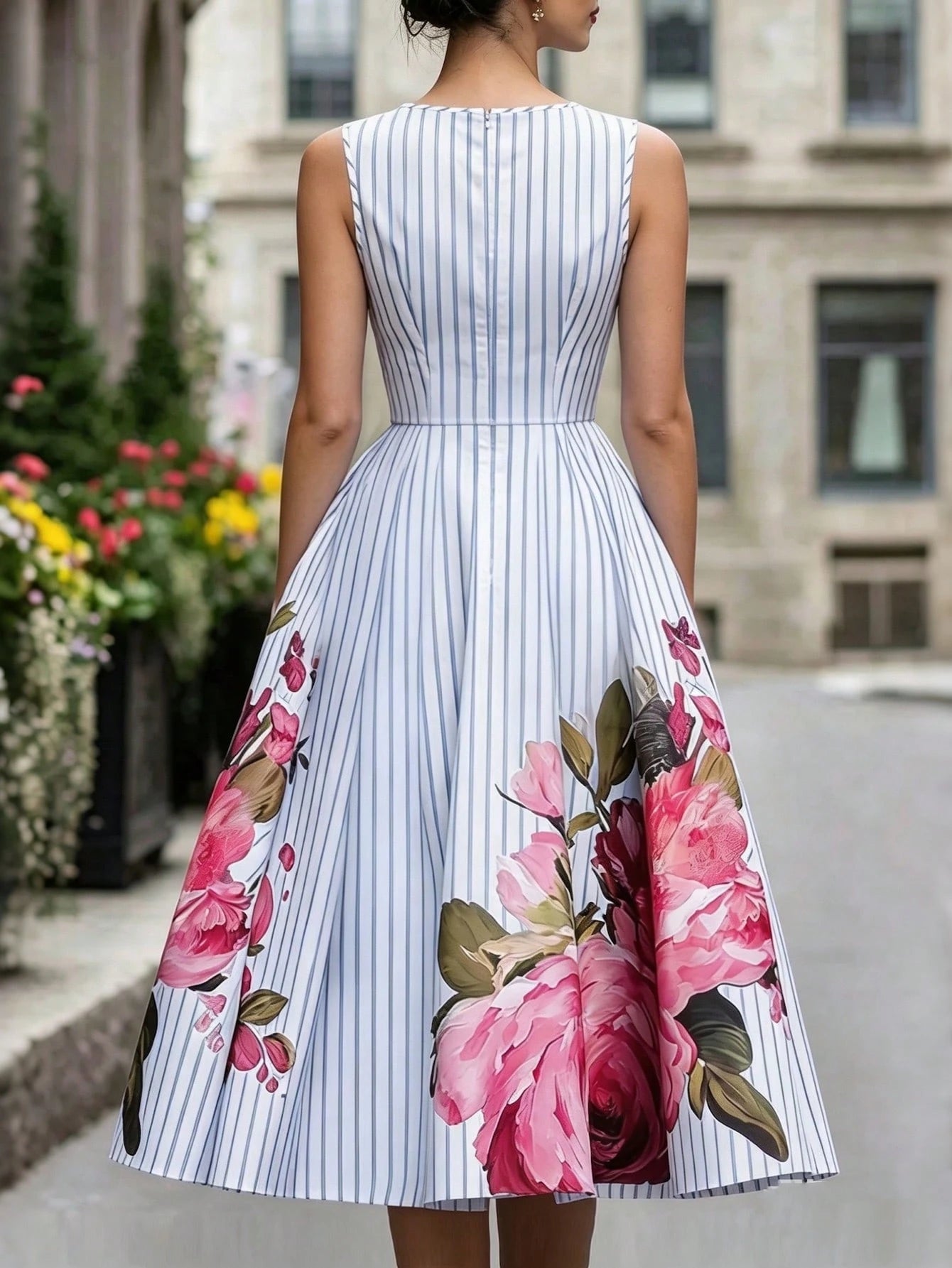 Summer, Elegant Dress, Printed Round Neck Sleeveless Dress, Blue And White Striped Dress, Waist-Cinching Business Casual Dress, Vacation Dress