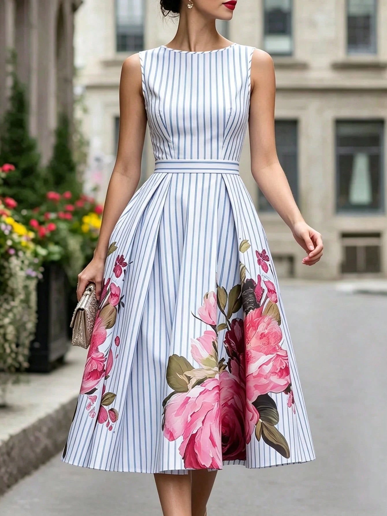 Summer, Elegant Dress, Printed Round Neck Sleeveless Dress, Blue And White Striped Dress, Waist-Cinching Business Casual Dress, Vacation Dress