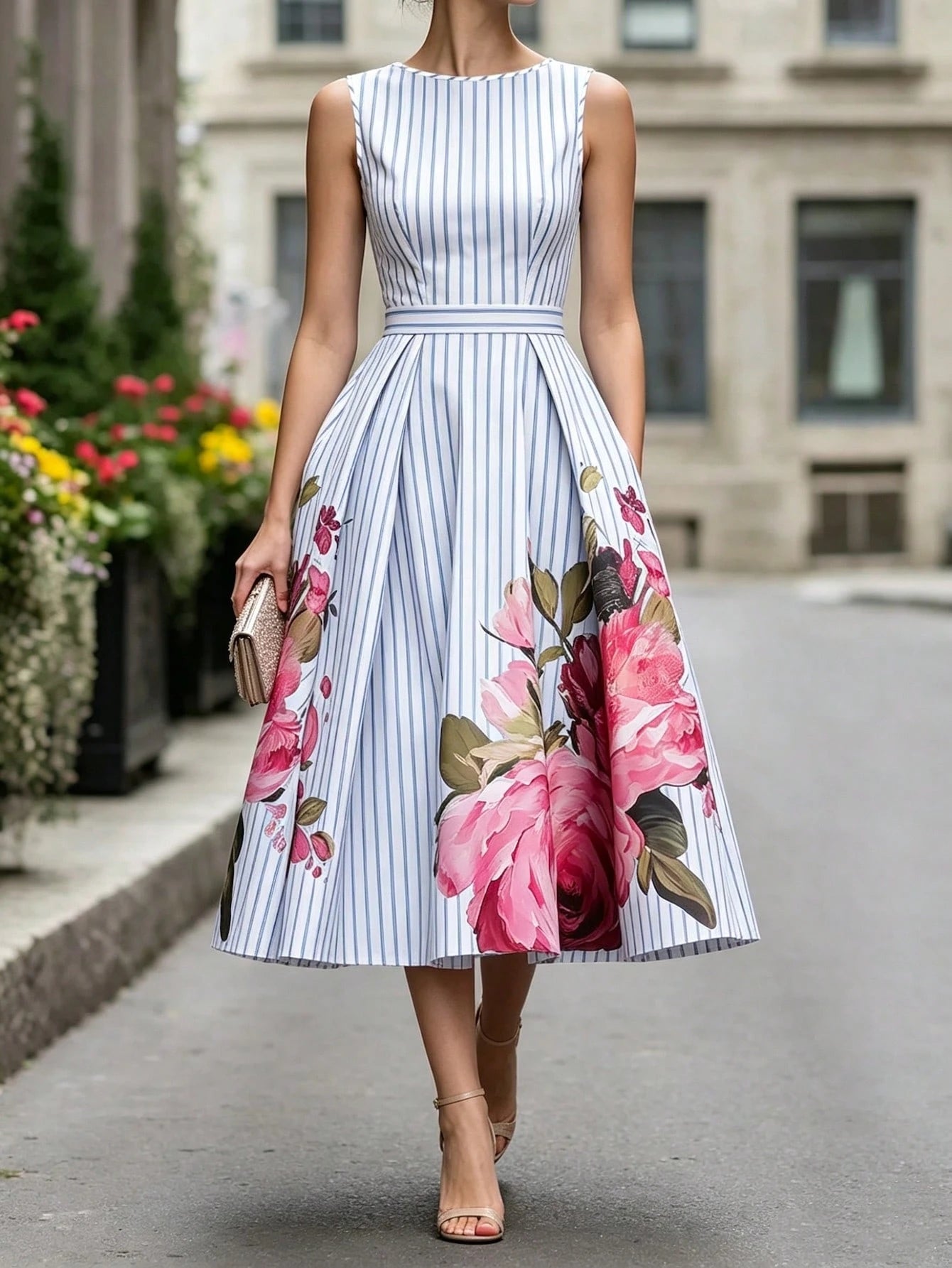 Summer, Elegant Dress, Printed Round Neck Sleeveless Dress, Blue And White Striped Dress, Waist-Cinching Business Casual Dress, Vacation Dress