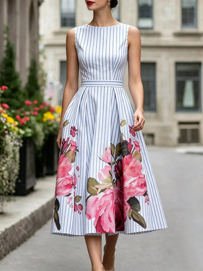Summer, Elegant Dress, Printed Round Neck Sleeveless Dress, Blue And White Striped Dress, Waist-Cinching Business Casual Dress, Vacation Dress