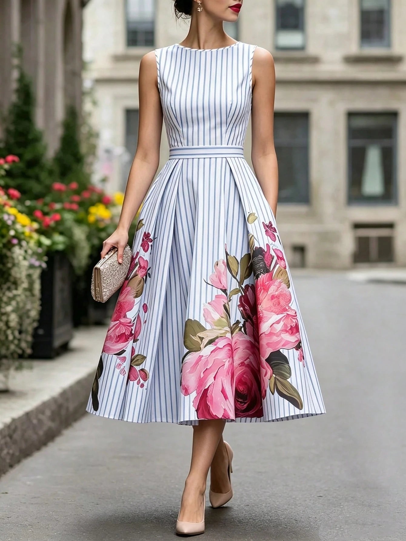 Summer, Elegant Dress, Printed Round Neck Sleeveless Dress, Blue And White Striped Dress, Waist-Cinching Business Casual Dress, Vacation Dress
