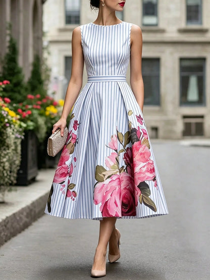 Summer, Elegant Dress, Printed Round Neck Sleeveless Dress, Blue And White Striped Dress, Waist-Cinching Business Casual Dress, Vacation Dress