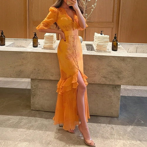 Summer Elegant Floral Dress Retro Waist Cinched Slit Long Dress