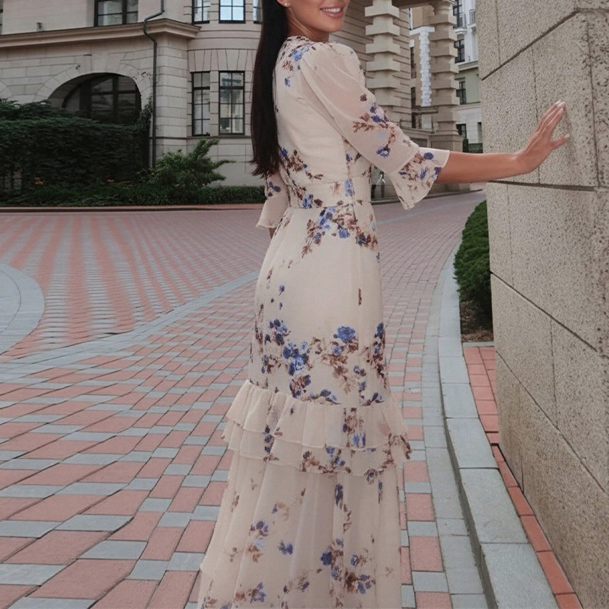 Summer Elegant Floral Dress Retro Waist Cinched Slit Long Dress
