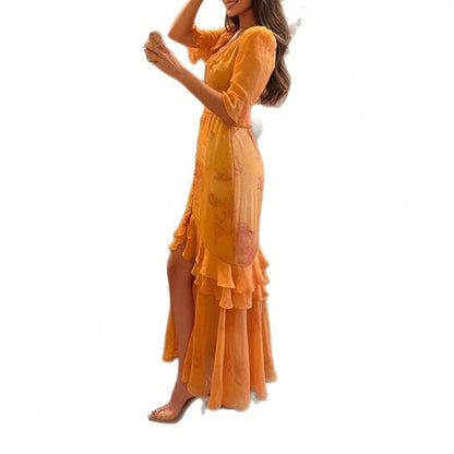 Summer Elegant Floral Dress Retro Waist Cinched Slit Long Dress