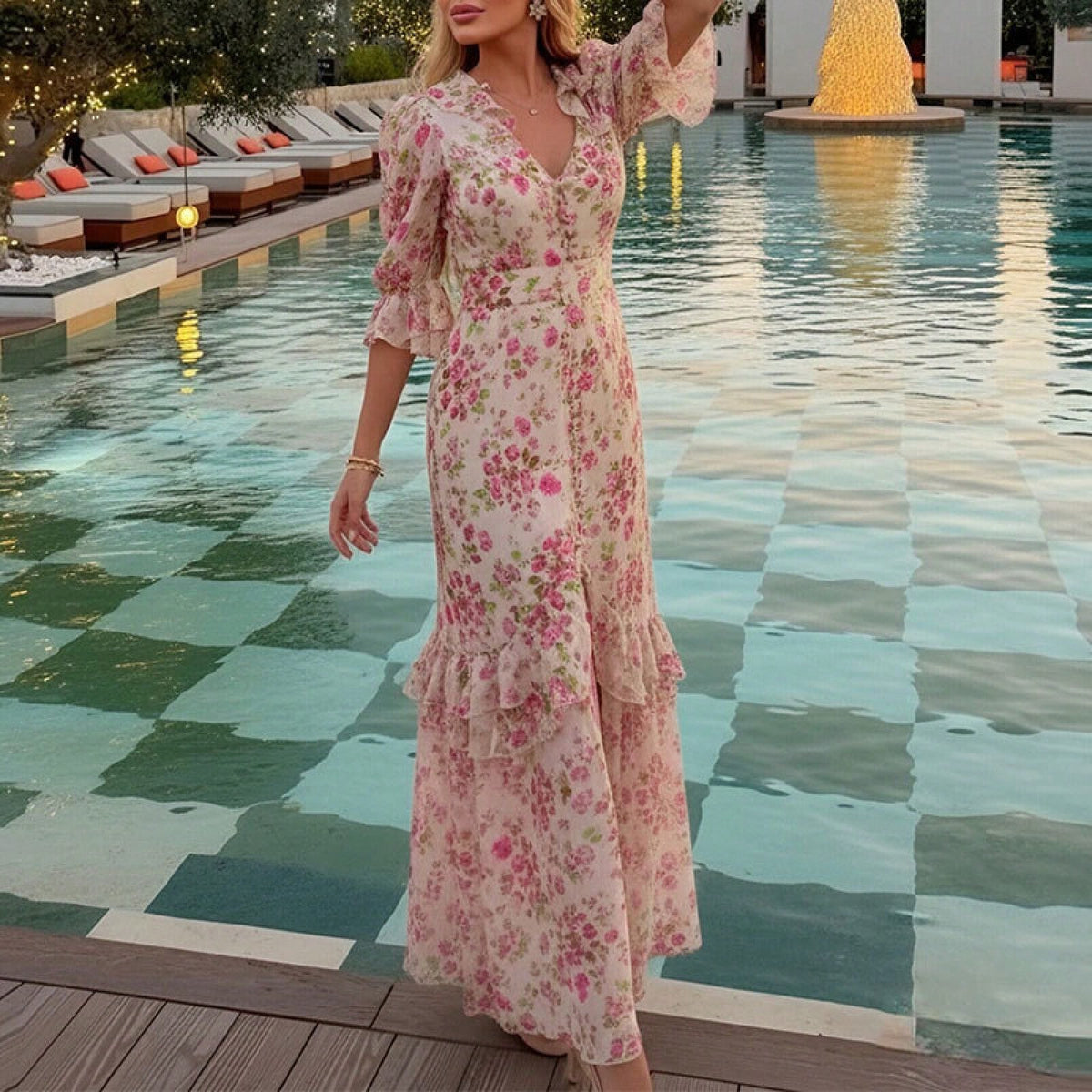 Summer Elegant Floral Dress Retro Waist Cinched Slit Long Dress