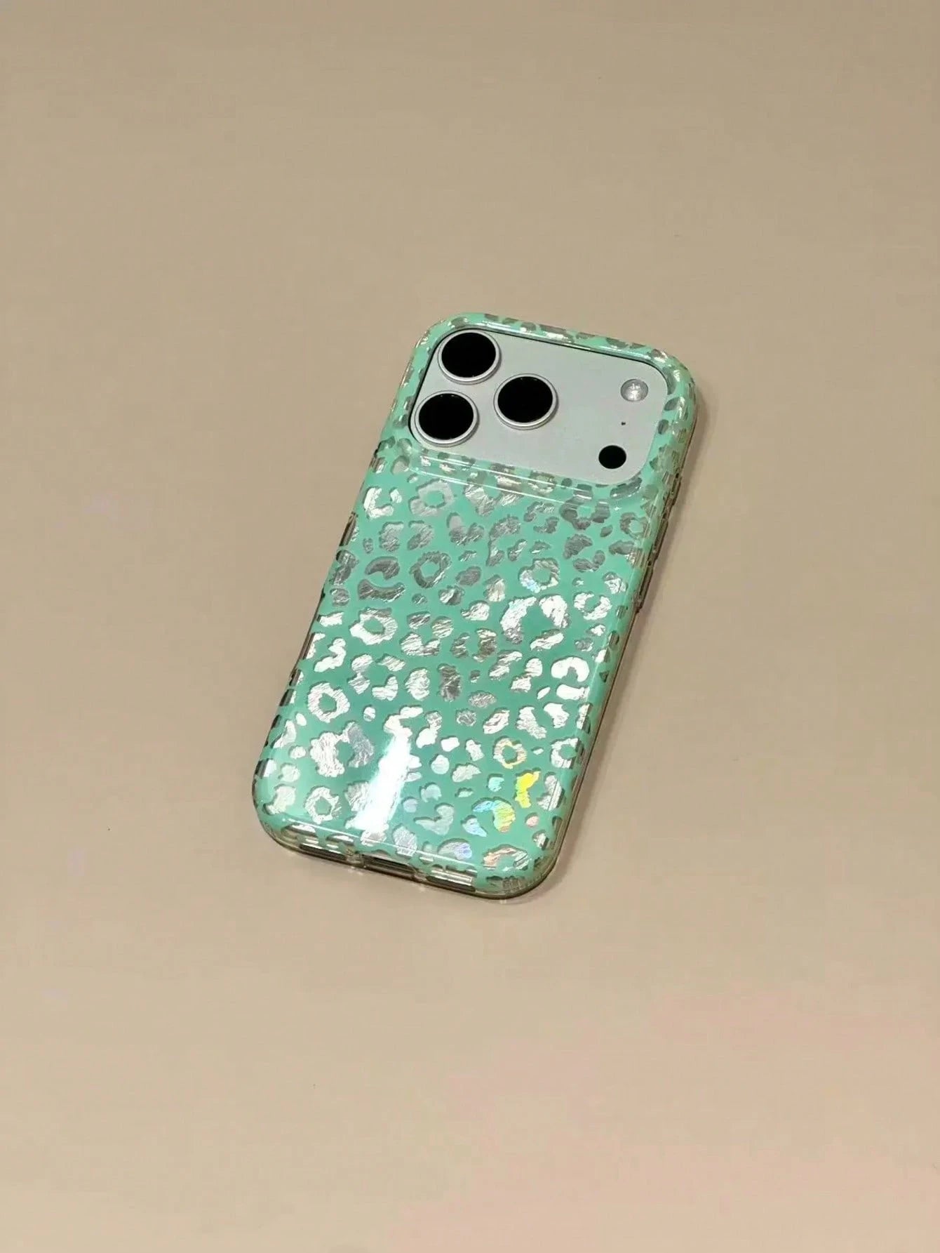 Summer Ins Mint Green Hollow Silver Leopard Print Phone Case Compatible With Apple 17 Pro Max, 16 Pro, New 17 Pro, 15 Pro Max, Korean Style Anti-Drop Protective Cover For Girls