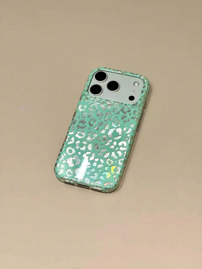 Summer Ins Mint Green Hollow Silver Leopard Print Phone Case Compatible With Apple 17 Pro Max, 16 Pro, New 17 Pro, 15 Pro Max, Korean Style Anti-Drop Protective Cover For Girls
