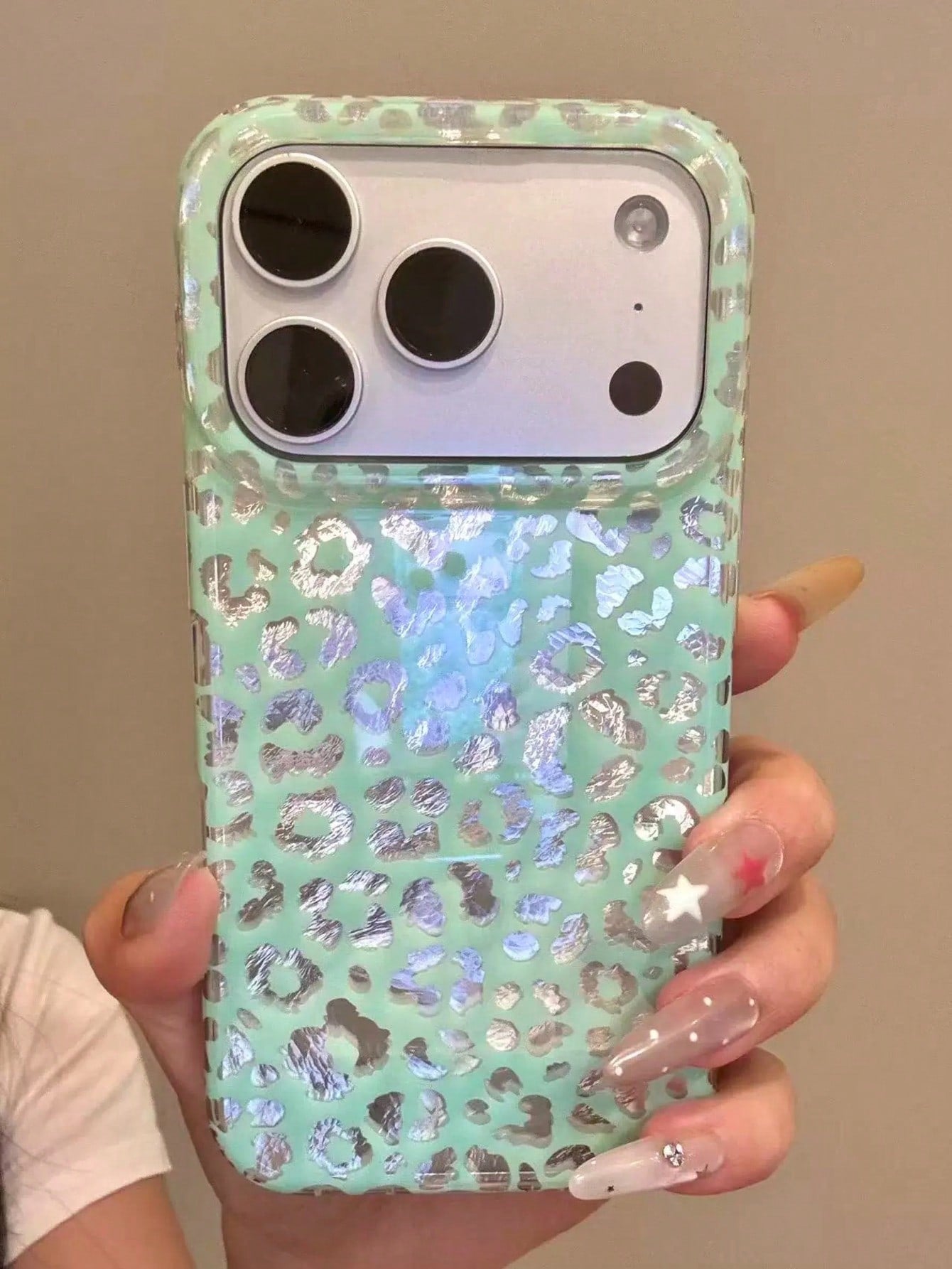 Summer Ins Mint Green Hollow Silver Leopard Print Phone Case Compatible With Apple 17 Pro Max, 16 Pro, New 17 Pro, 15 Pro Max, Korean Style Anti-Drop Protective Cover For Girls
