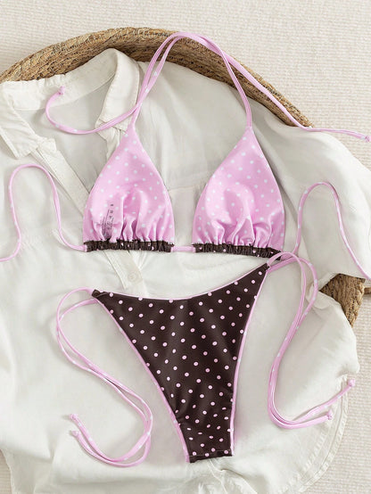 Summer Leopard Print Spaghetti Strap Tie-Up Bikini Set, Suitable For Beach Vacation Polka Dot