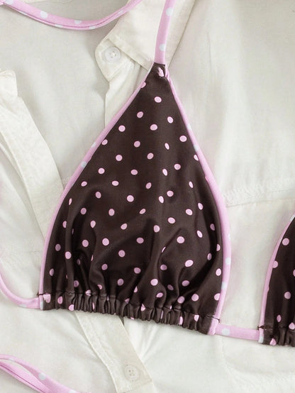 Summer Leopard Print Spaghetti Strap Tie-Up Bikini Set, Suitable For Beach Vacation Polka Dot