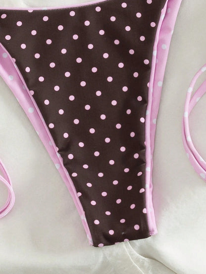 Summer Leopard Print Spaghetti Strap Tie-Up Bikini Set, Suitable For Beach Vacation Polka Dot