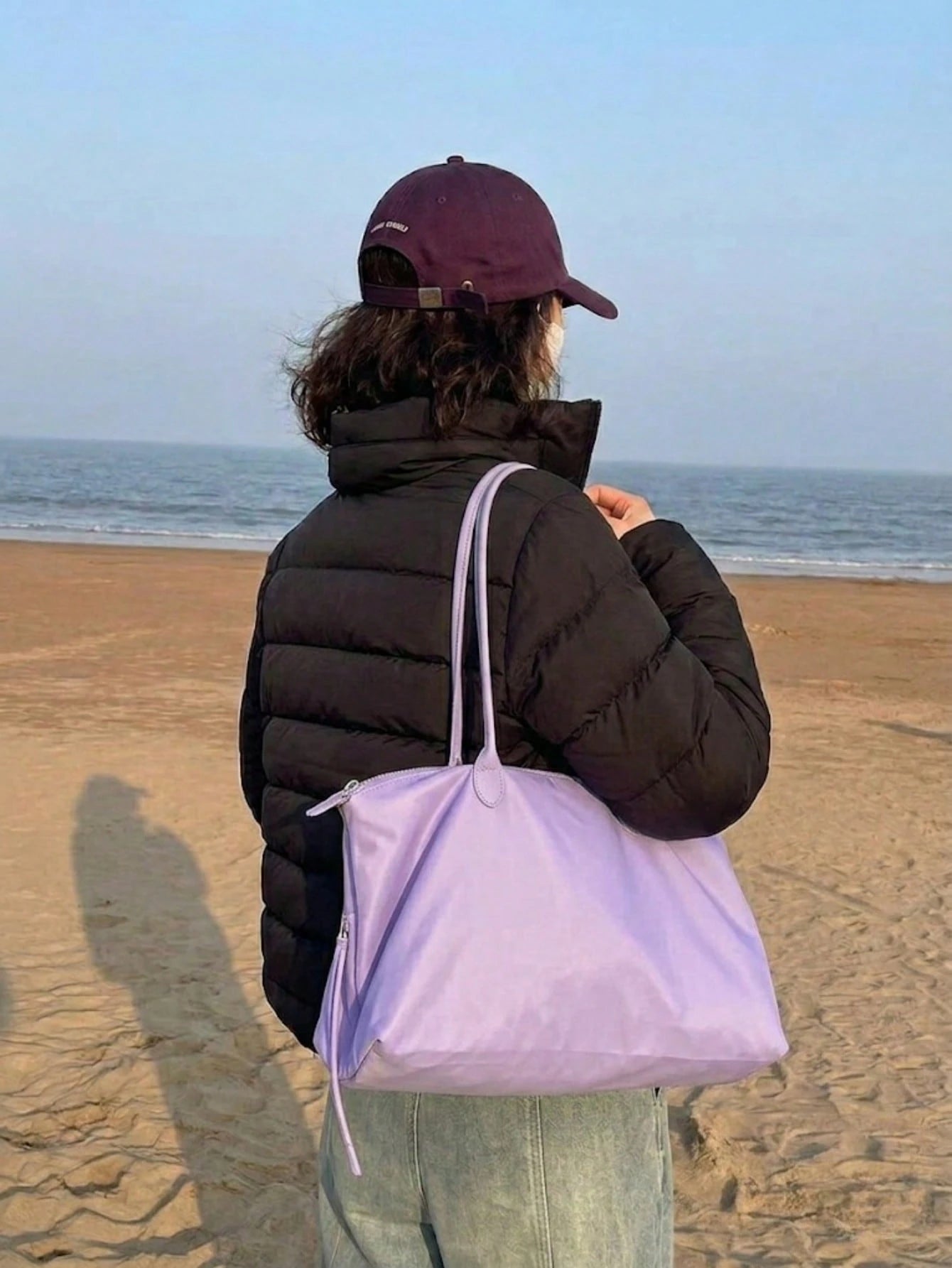 Summer Lilac Nylon Tote Handbag Large Work Shoulder Purse With Compartments