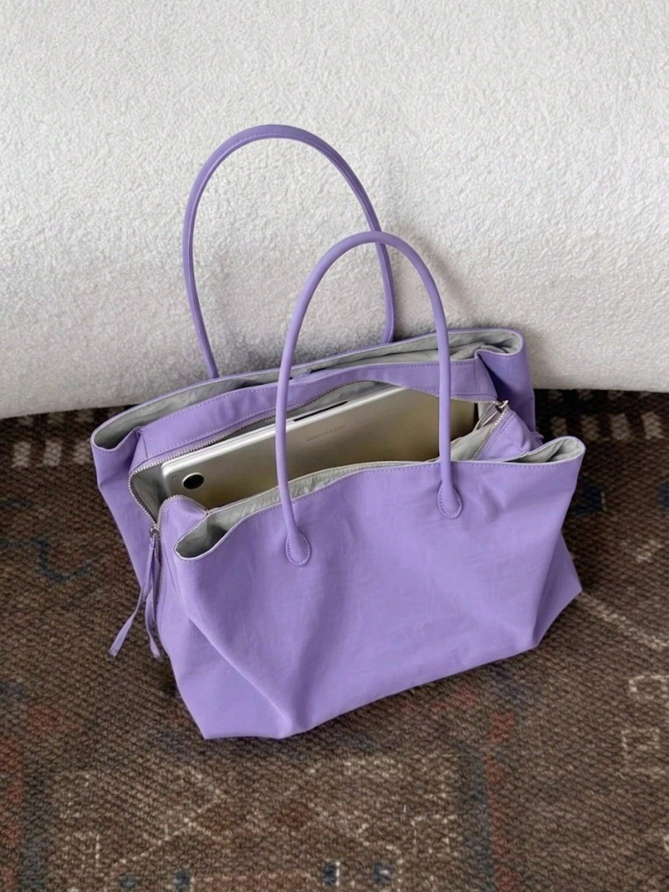Summer Lilac Nylon Tote Handbag Large Work Shoulder Purse With Compartments