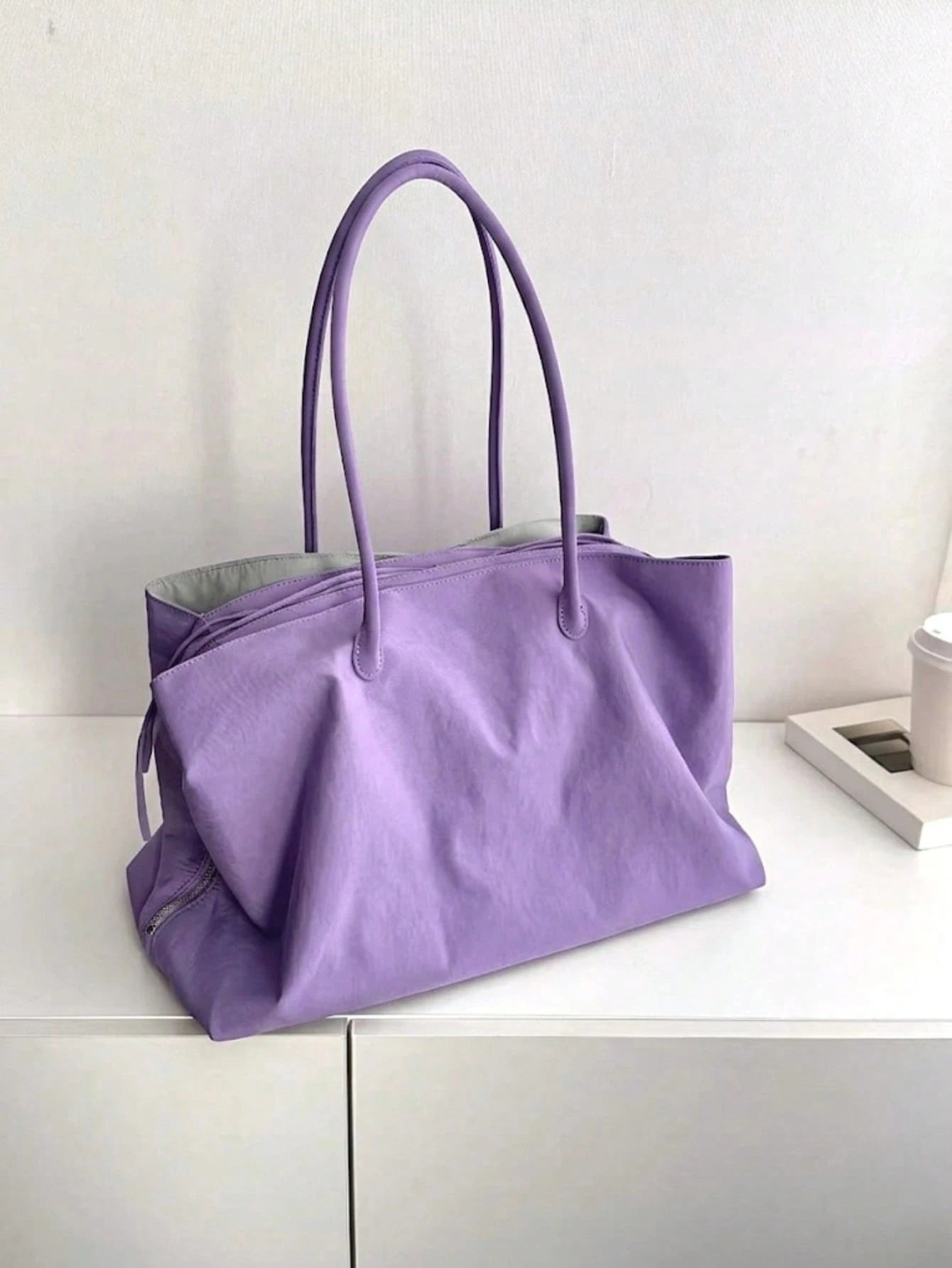 Summer Lilac Nylon Tote Handbag Large Work Shoulder Purse With Compartments