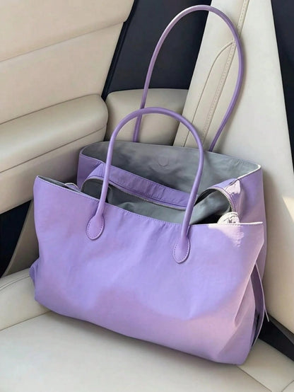 Summer Lilac Nylon Tote Handbag Large Work Shoulder Purse With Compartments