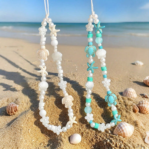 Summer Ocean Life Style Starfish, Sea Turtle, Faux Pearl, Seashell, Flower Beaded Soft Clay Chain Phone Lanyard, Travel Holiday Accessory Pendant