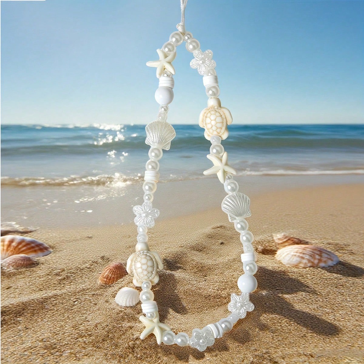 Summer Ocean Life Style Starfish, Sea Turtle, Faux Pearl, Seashell, Flower Beaded Soft Clay Chain Phone Lanyard, Travel Holiday Accessory Pendant