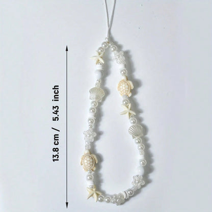 Summer Ocean Life Style Starfish, Sea Turtle, Faux Pearl, Seashell, Flower Beaded Soft Clay Chain Phone Lanyard, Travel Holiday Accessory Pendant