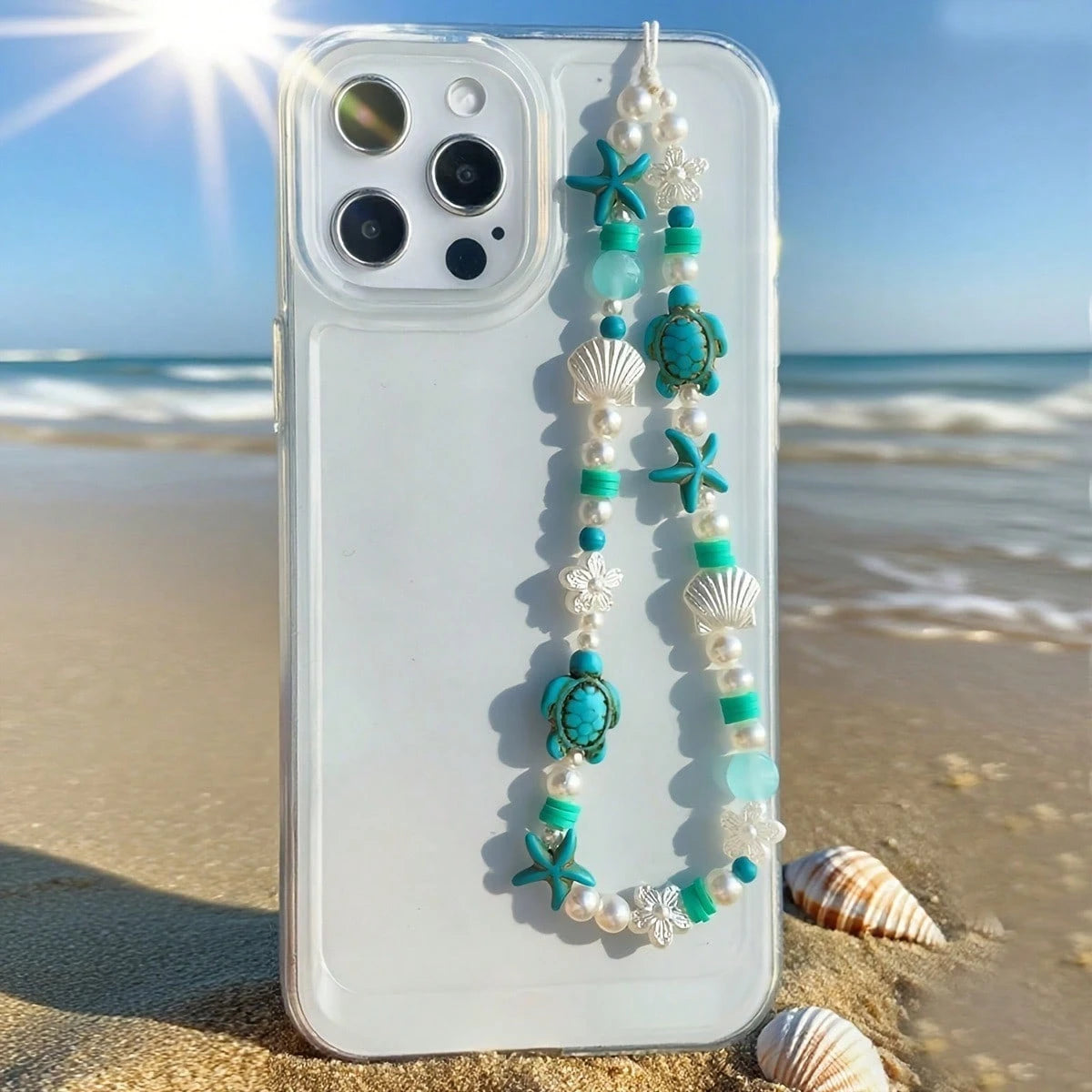 Summer Ocean Life Style Starfish, Sea Turtle, Faux Pearl, Seashell, Flower Beaded Soft Clay Chain Phone Lanyard, Travel Holiday Accessory Pendant