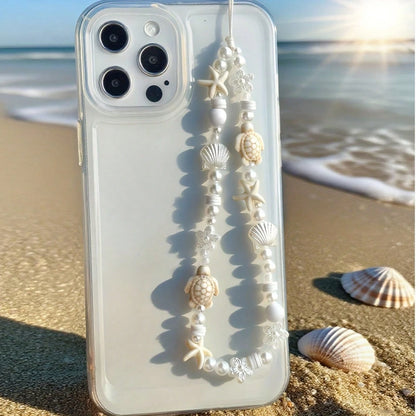Summer Ocean Life Style Starfish, Sea Turtle, Faux Pearl, Seashell, Flower Beaded Soft Clay Chain Phone Lanyard, Travel Holiday Accessory Pendant