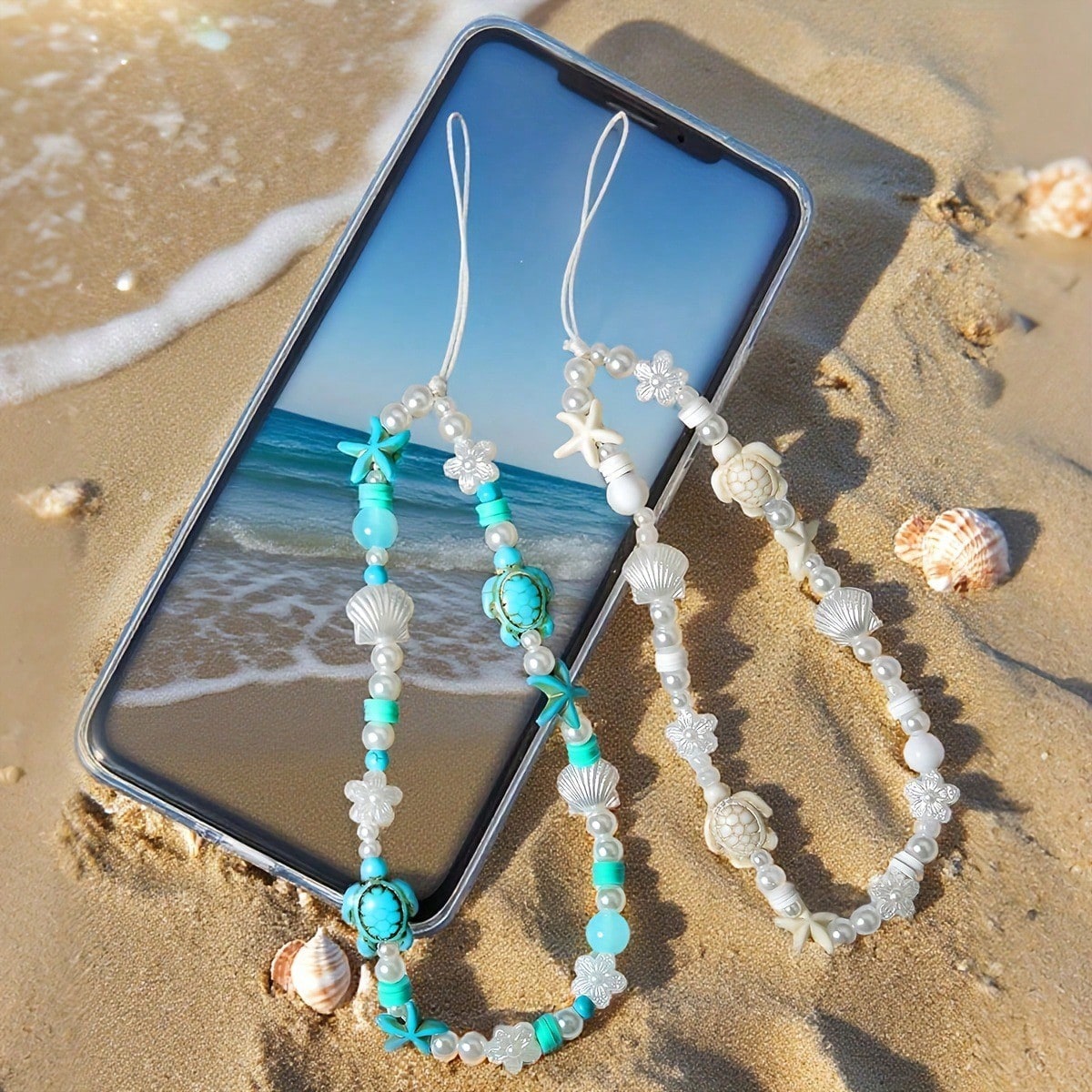 Summer Ocean Life Style Starfish, Sea Turtle, Faux Pearl, Seashell, Flower Beaded Soft Clay Chain Phone Lanyard, Travel Holiday Accessory Pendant