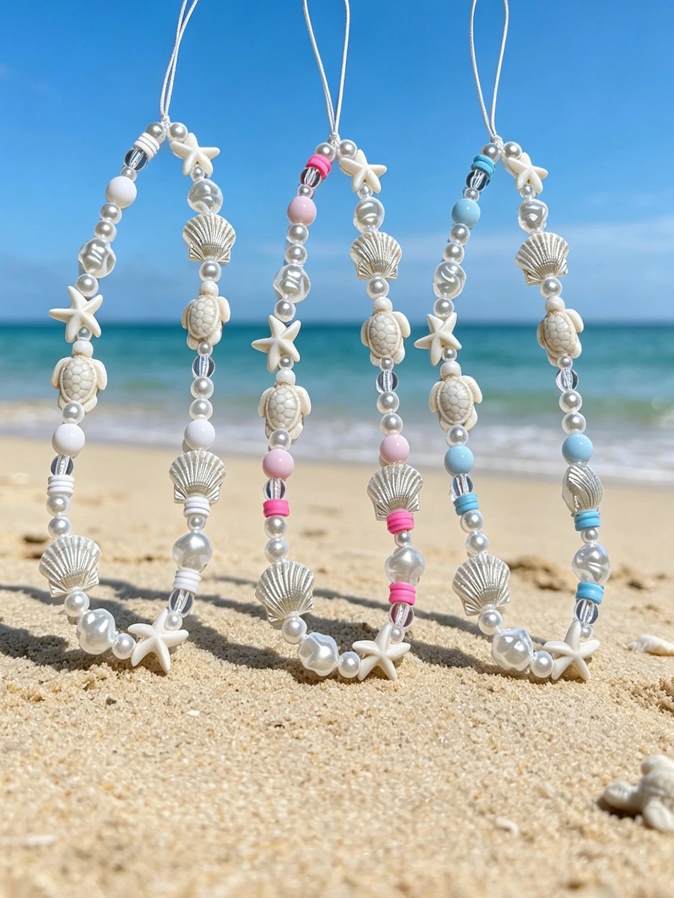 Summer Ocean Life Style Starfish, Sea Turtle, Faux Pearl, Seashell, Flower Beaded Soft Clay Chain Phone Lanyard, Travel Holiday Accessory Pendant