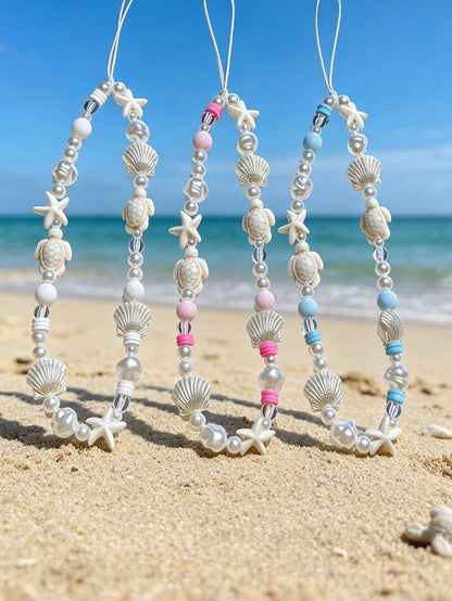 Summer Ocean Life Style Starfish, Sea Turtle, Faux Pearl, Seashell, Flower Beaded Soft Clay Chain Phone Lanyard, Travel Holiday Accessory Pendant