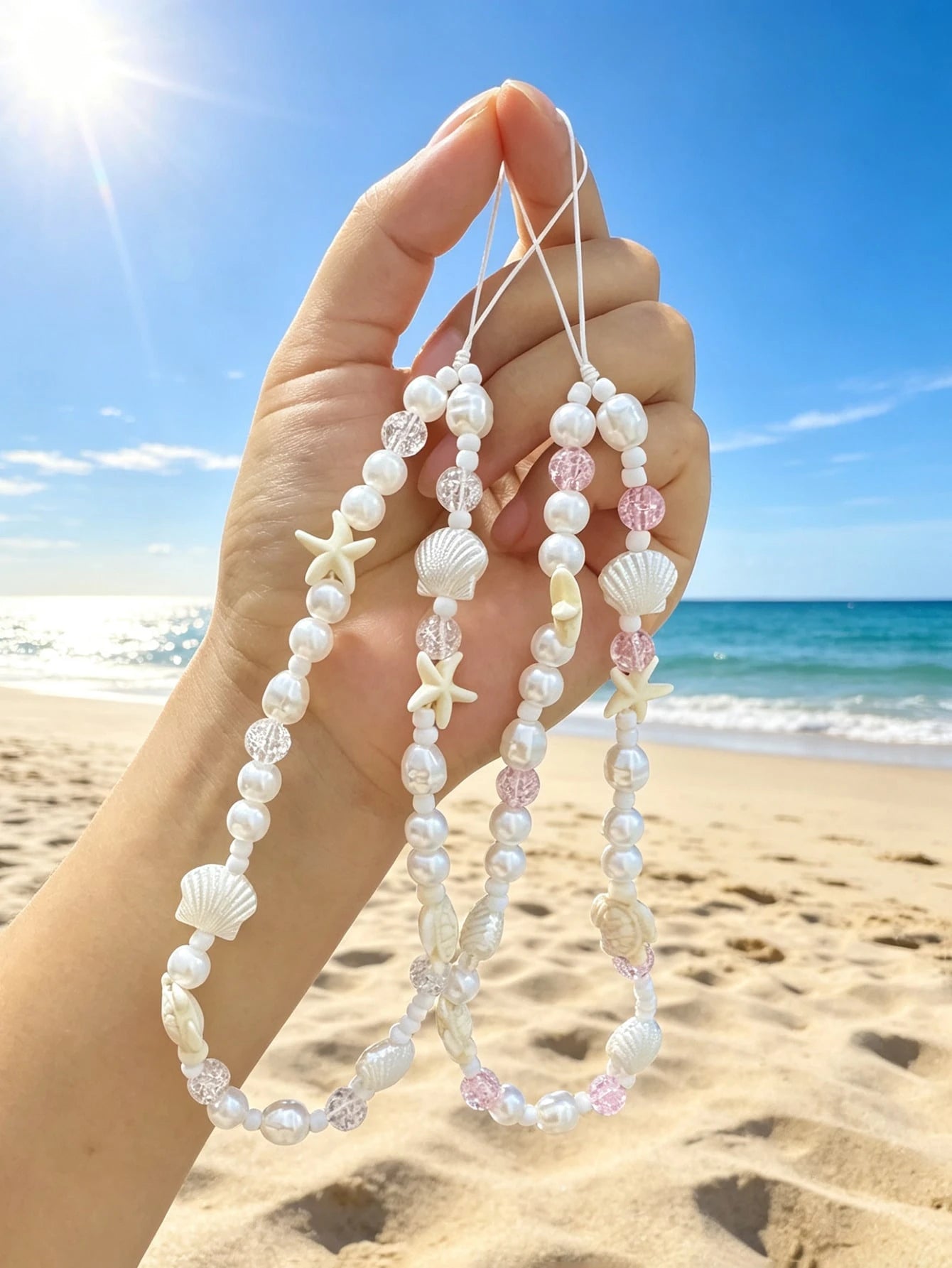 Summer Ocean Life Style Starfish, Sea Turtle, Faux Pearl, Seashell, Flower Beaded Soft Clay Chain Phone Lanyard, Travel Holiday Accessory Pendant