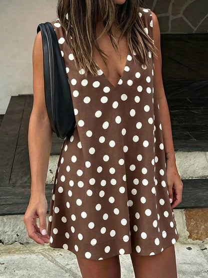 Summer Polka Dot 100% Cotton Deep V-Neck Sleeveless Loose A-Line Mini Dress Casual Slouchy Daily Shopping Women's Clothing Vacation Beach