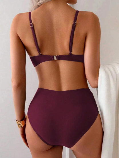Summer Solid Color Elegant Bohemian Sweet Style Two Pieces Bikini Swimsuit Beach Vacation Set