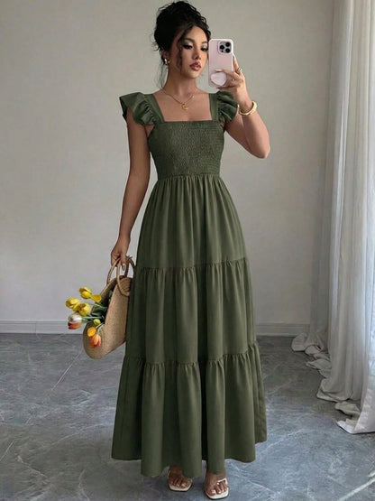 Summer Square Neck Backless Smocked Dress Women's Sleeveless Ruffle Trim Tiered Cami Midi Beach Vacation Dress,Halter Dress For Women,Maxi Dresses