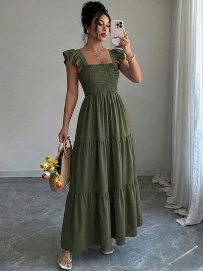 Summer Square Neck Backless Smocked Dress Women's Sleeveless Ruffle Trim Tiered Cami Midi Beach Vacation Dress,Halter Dress For Women,Maxi Dresses