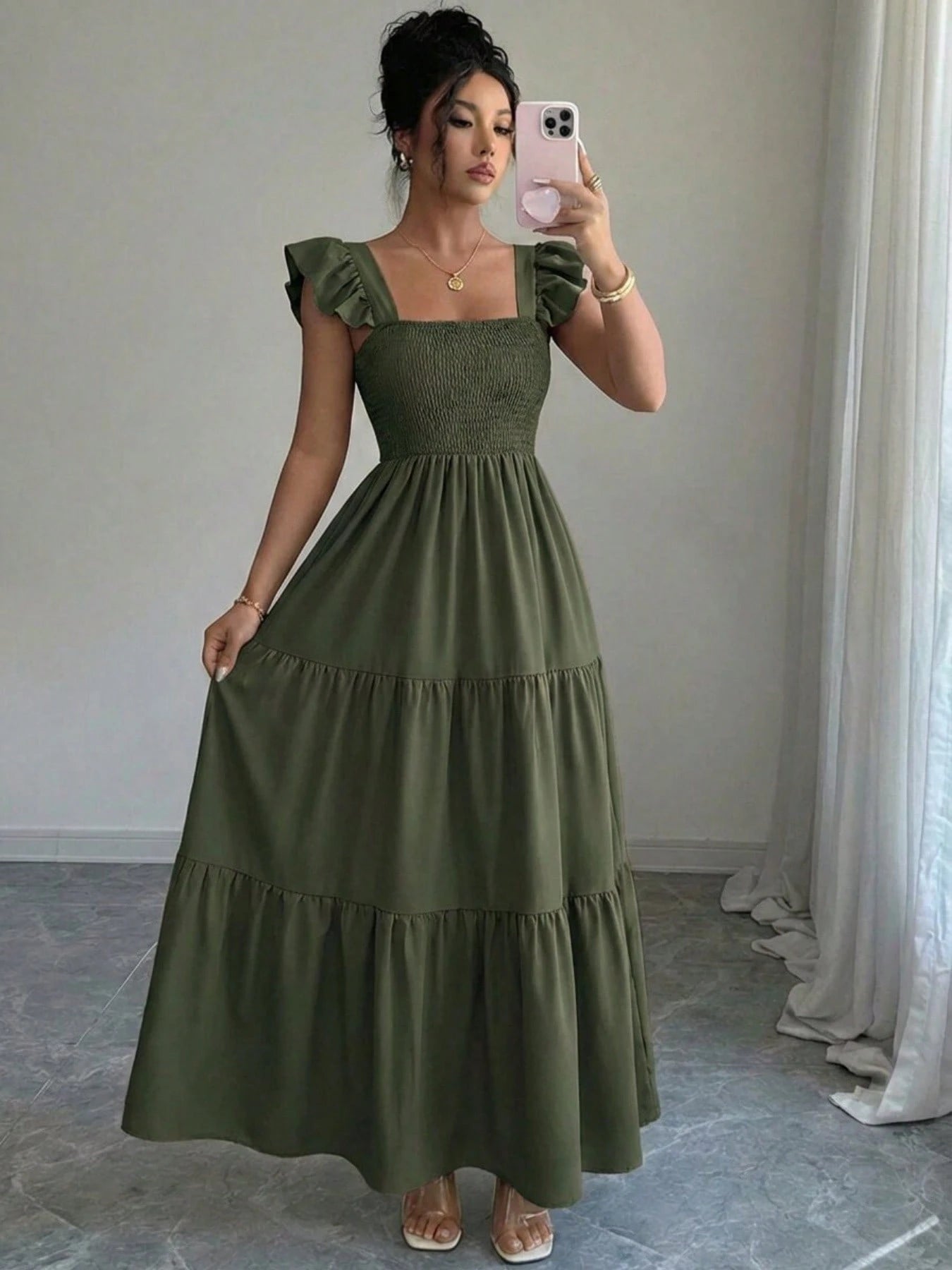 Summer Square Neck Backless Smocked Dress Women's Sleeveless Ruffle Trim Tiered Cami Midi Beach Vacation Dress,Halter Dress For Women,Maxi Dresses