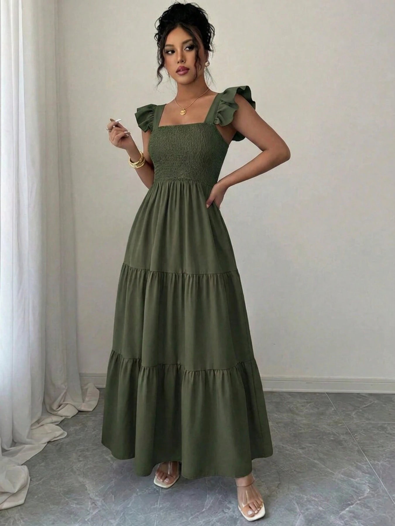 Summer Square Neck Backless Smocked Dress Women's Sleeveless Ruffle Trim Tiered Cami Midi Beach Vacation Dress,Halter Dress For Women,Maxi Dresses