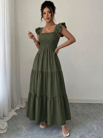 Summer Square Neck Backless Smocked Dress Women's Sleeveless Ruffle Trim Tiered Cami Midi Beach Vacation Dress,Halter Dress For Women,Maxi Dresses