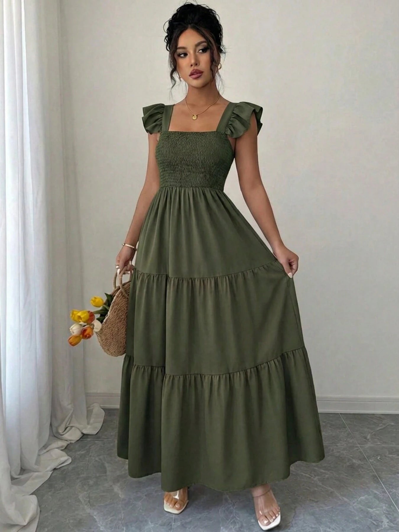 Summer Square Neck Backless Smocked Dress Women's Sleeveless Ruffle Trim Tiered Cami Midi Beach Vacation Dress,Halter Dress For Women,Maxi Dresses
