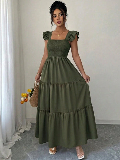 Summer Square Neck Backless Smocked Dress Women's Sleeveless Ruffle Trim Tiered Cami Midi Beach Vacation Dress,Halter Dress For Women,Maxi Dresses