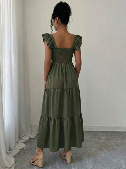 Summer Square Neck Backless Smocked Dress Women's Sleeveless Ruffle Trim Tiered Cami Midi Beach Vacation Dress,Halter Dress For Women,Maxi Dresses