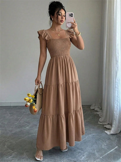 Summer Square Neck Backless Smocked Dress Women's Sleeveless Ruffle Trim Tiered Cami Midi Beach Vacation Dress,Halter Dress For Women,Maxi Dresses