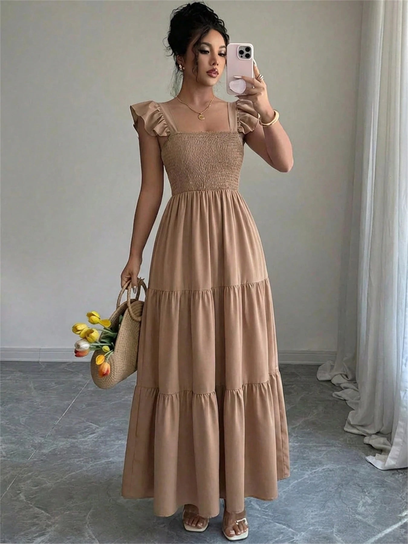 Summer Square Neck Backless Smocked Dress Women's Sleeveless Ruffle Trim Tiered Cami Midi Beach Vacation Dress,Halter Dress For Women,Maxi Dresses