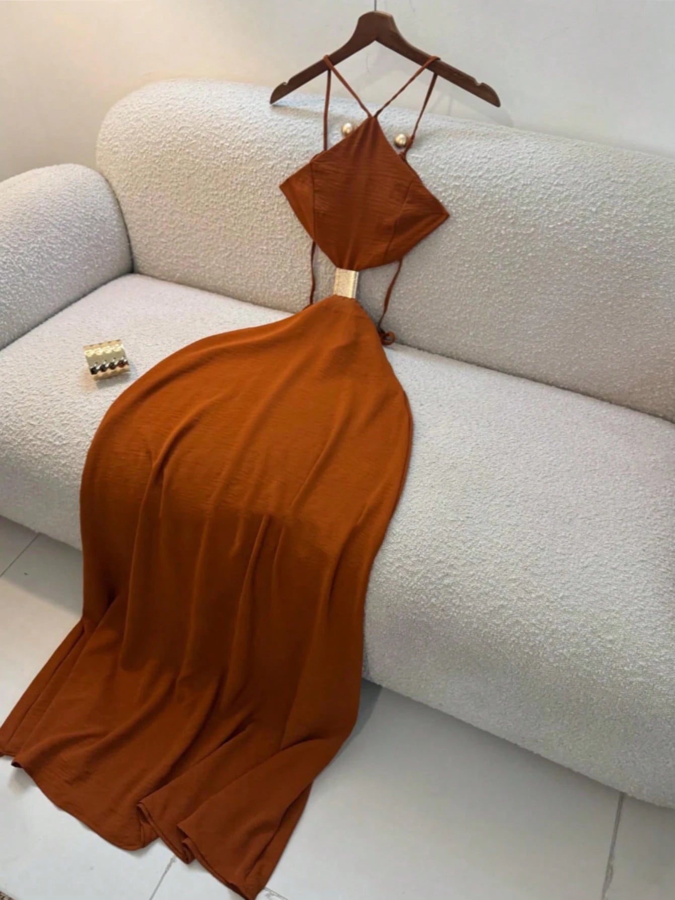 Summer Women's Dress, Vacation Style Midi Strap Backless Hollow Out Dress, Strap Dress, Elegant Dress Brown, Vacationcore