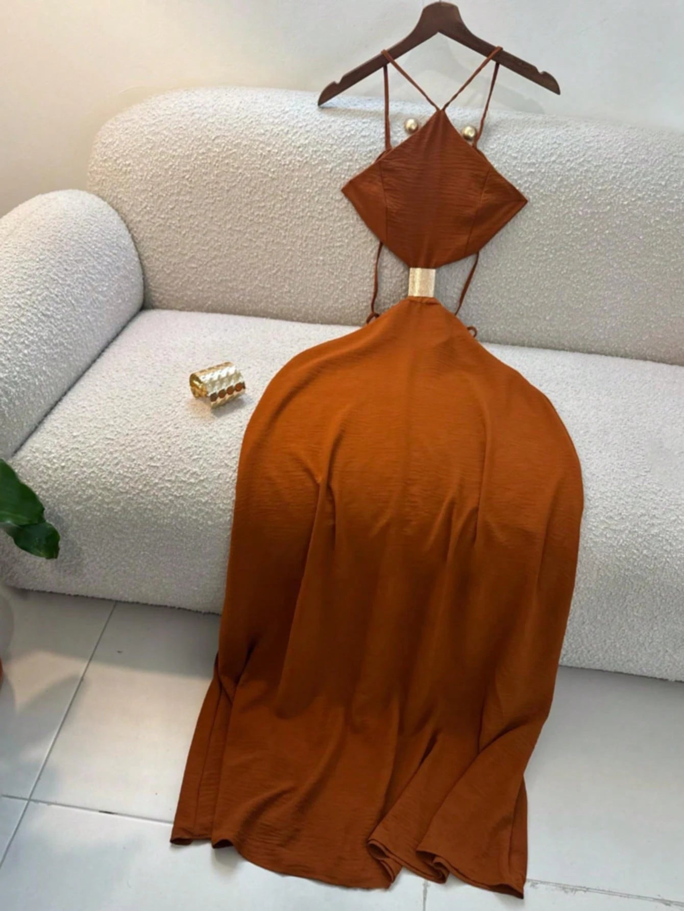 Summer Women's Dress, Vacation Style Midi Strap Backless Hollow Out Dress, Strap Dress, Elegant Dress Brown, Vacationcore