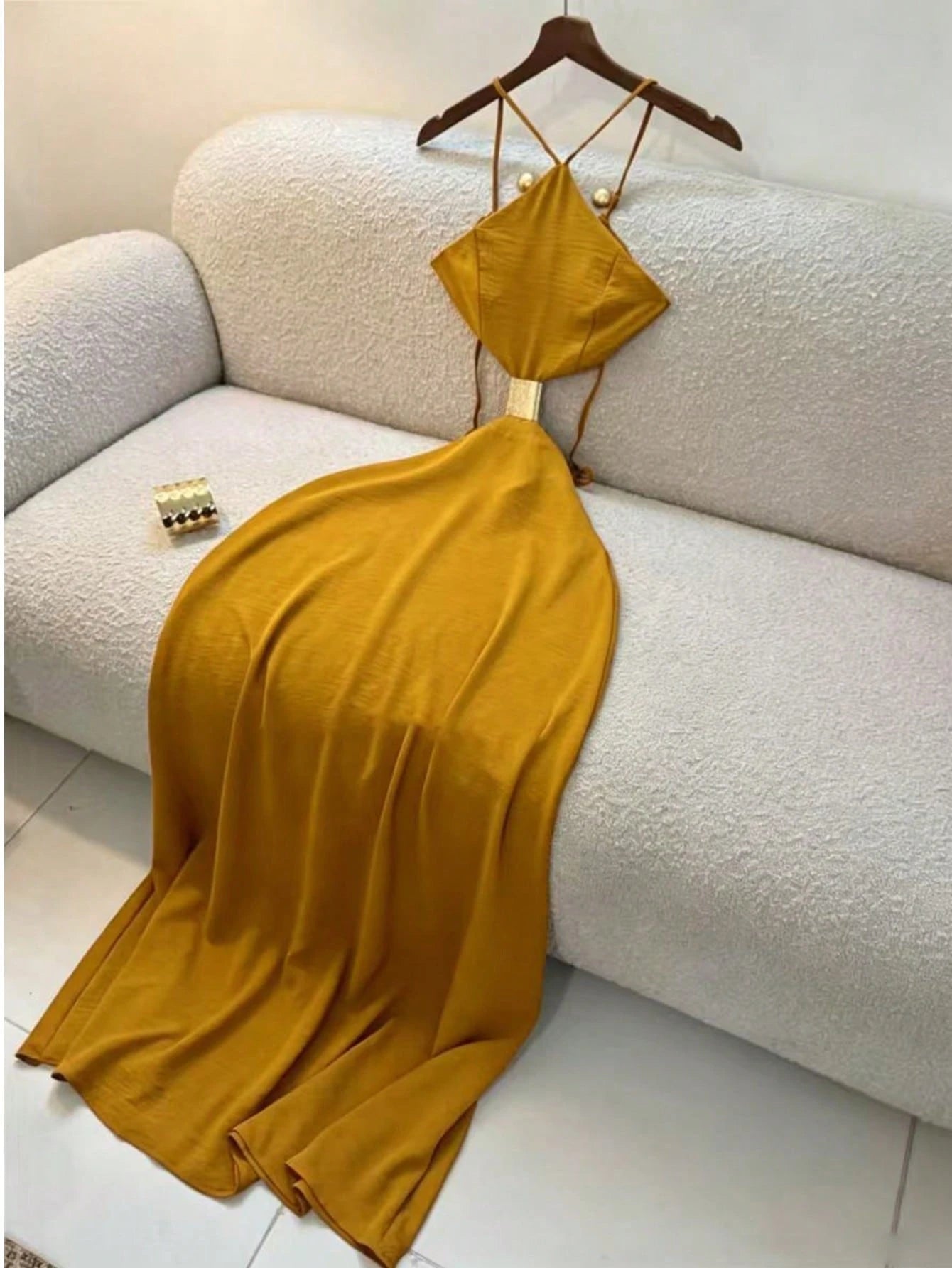 Summer Women's Dress, Vacation Style Midi Strap Backless Hollow Out Dress, Strap Dress, Elegant Dress Brown, Vacationcore